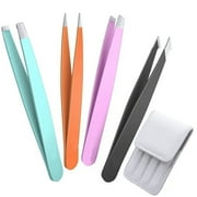 ZOUYUE Tweezers For Facial Hair,bedace Stocking Stuffers 4 Pack Precision Tweezers For Eyebrows,Professional Slant Tip Tweezer Set For Ingrown Hair, Plucking Daily Tool with Leather Case for Gifts